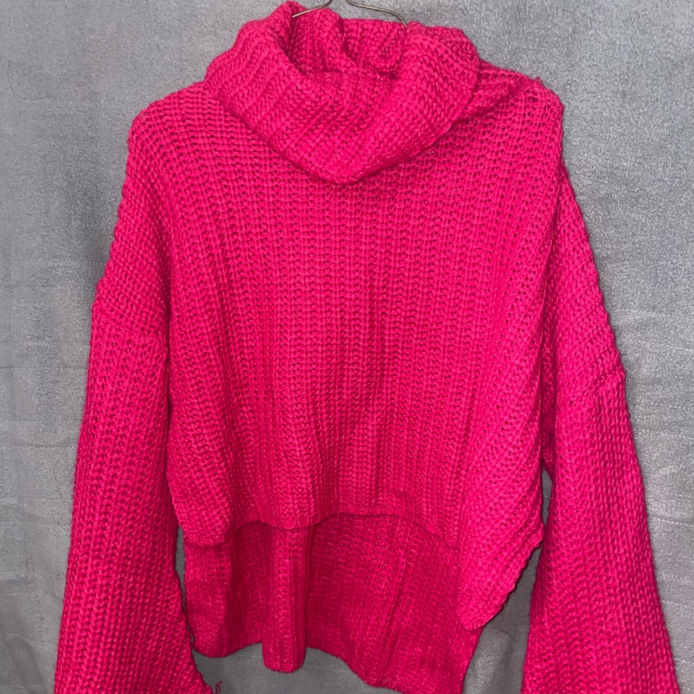Fuzzy, Hot Pink, Flared Sleeves, Turtle Neck Sweater
